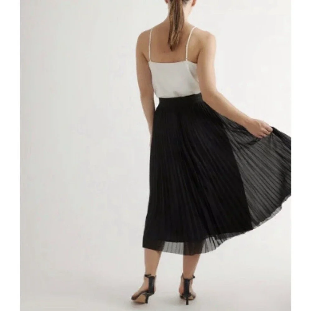 Quince Chiffon Pleated Midi Skirt Black Elastic Waist XS NWT Office Career Work
